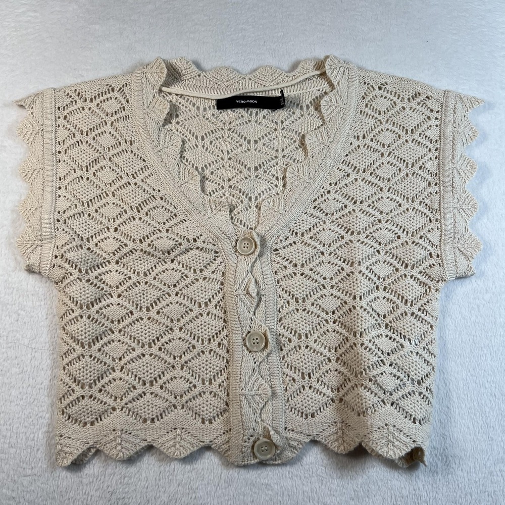Vero Moda Sweater Vest Womens XS Beige Open Knit Crochet Boho Top Scallop Hem - Picture 1 of 6